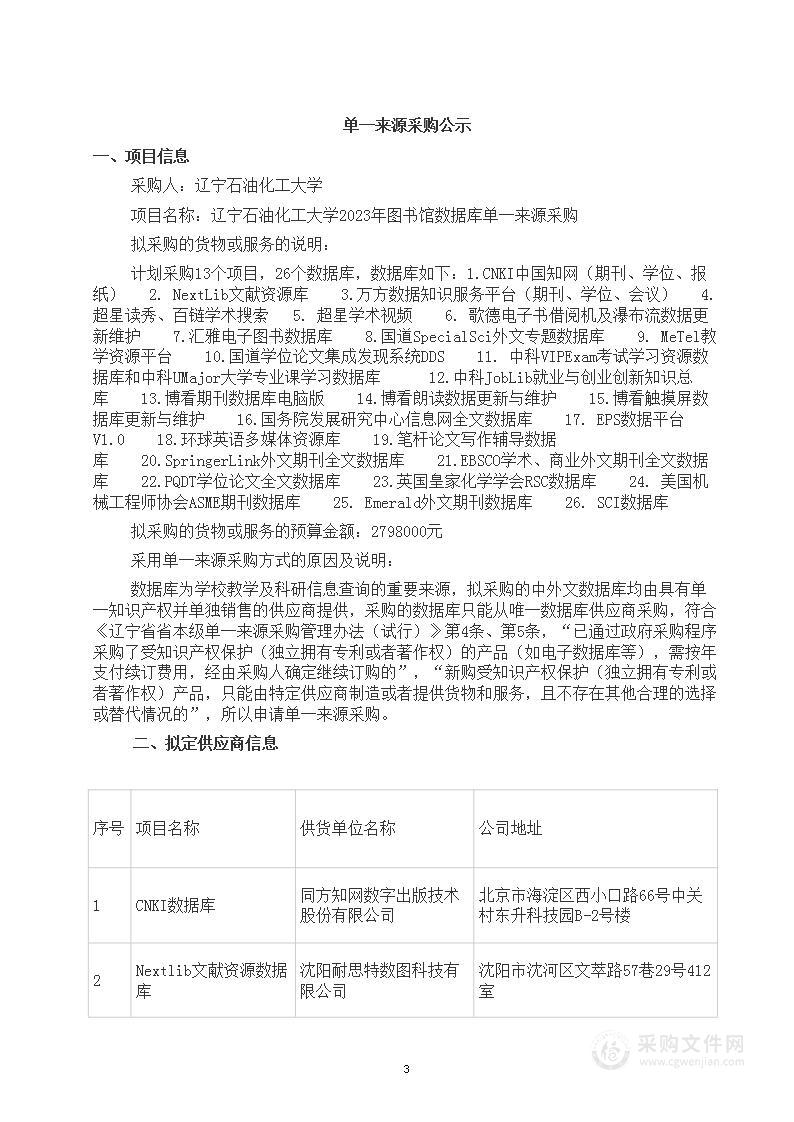 辽宁石油化工大学2023年图书馆数据库单一来源采购